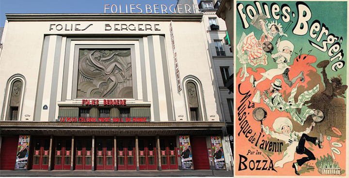 Foiles-Bergère pastatas šiandien ir istorinis pasirodymo plakatas